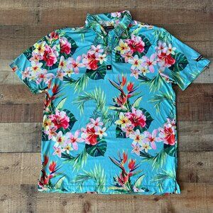 Bad Birdie Mens XL Hawaiian Tropical Floral Polo Shirt Short Sleeve in Blue